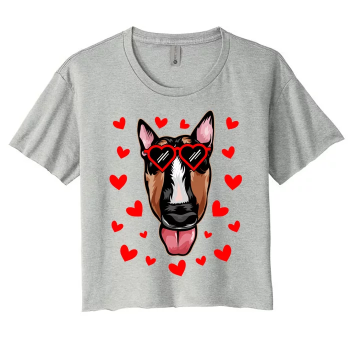 Bull Terrier Valentines Day Dog Love Heart Glasses Gift Women's Crop Top Tee