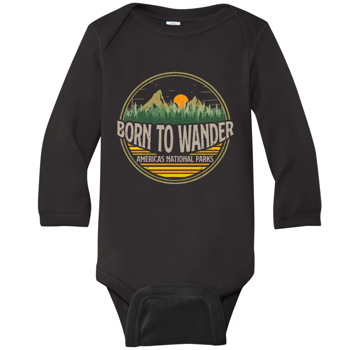 Born To Wander Americas National Parks Vintage Retro Baby Long Sleeve Bodysuit