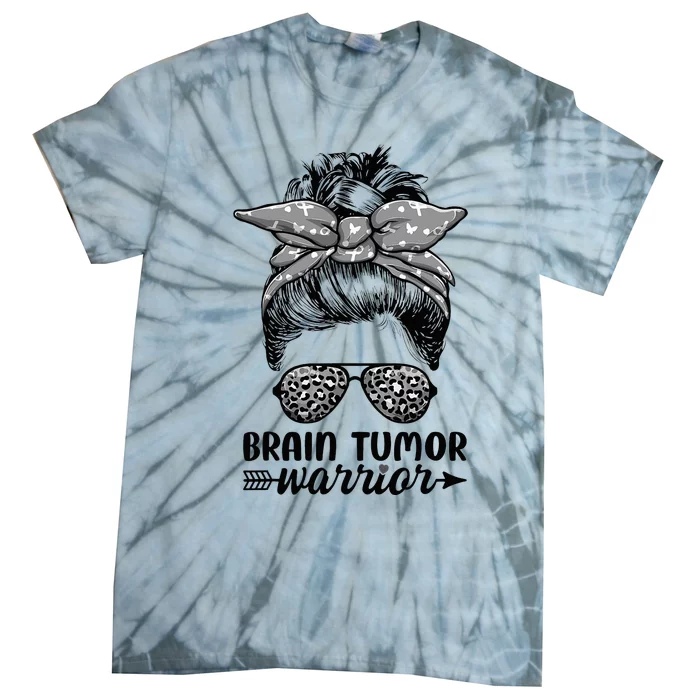 Brain Tumor Warrior Messy Bun Women Brain Tumor Awareness Tie-Dye T-Shirt