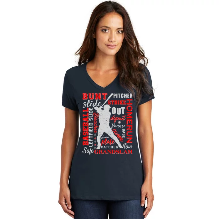 Baseball Typography Word Art Women's V-Neck T-Shirt