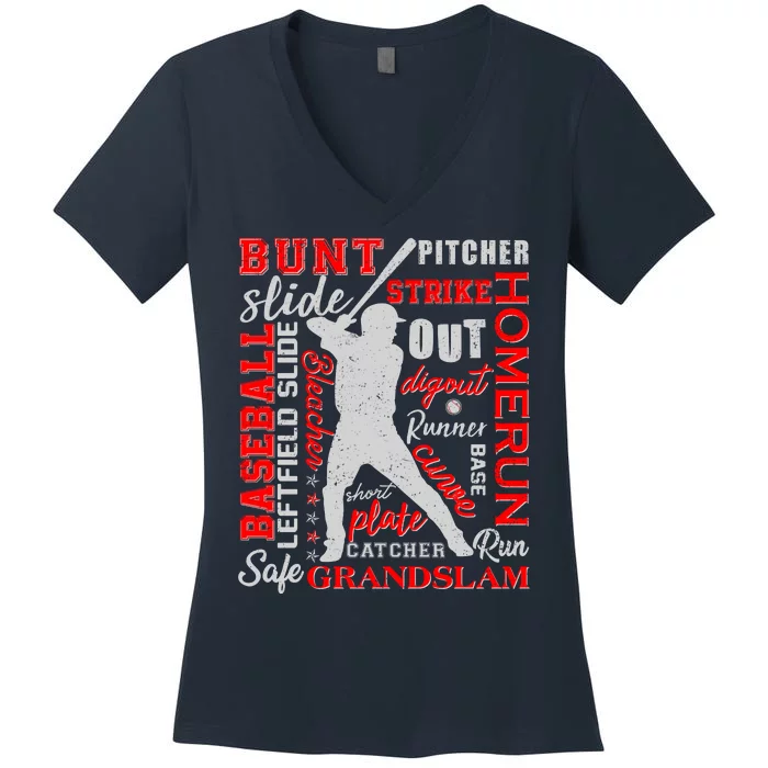 Baseball Typography Word Art Women's V-Neck T-Shirt