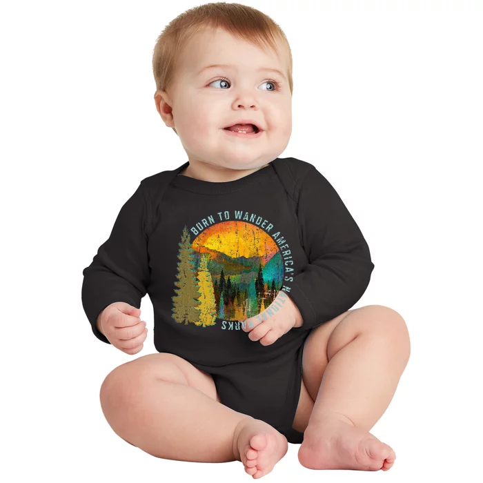 Born To Wander Americas National Parks Vintage Baby Long Sleeve Bodysuit