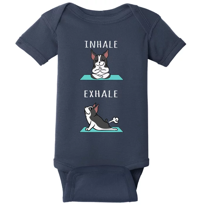 Boston Terrier Yoga Inhale Exhale Funny Dog Baby Bodysuit