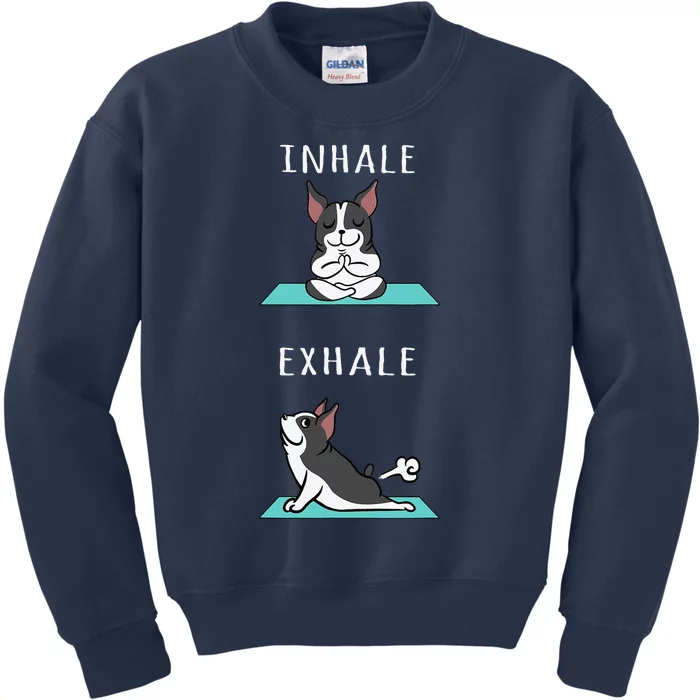 Boston Terrier Yoga Inhale Exhale Funny Dog Kids Sweatshirt