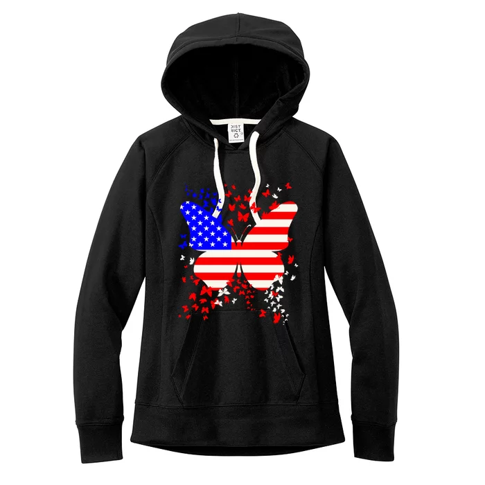 Butterfly Usa 4th July American Flag Patriotic Gift Women's Fleece Hoodie