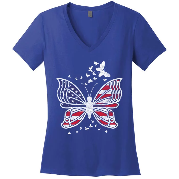 Butterfly Usa American Flag Cute Butterflies Gift Women's V-Neck T-Shirt