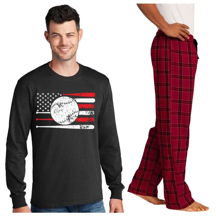 Baseball Usa American Flag Vintage Retro Baseball Gift Long Sleeve Pajama Set