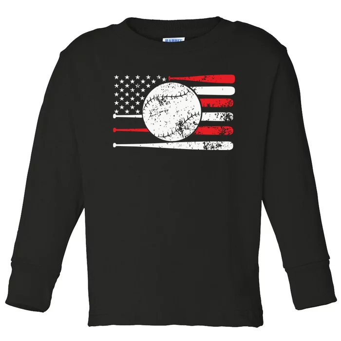 Baseball USA American Flag Vintage Retro Baseball Toddler Long Sleeve Shirt