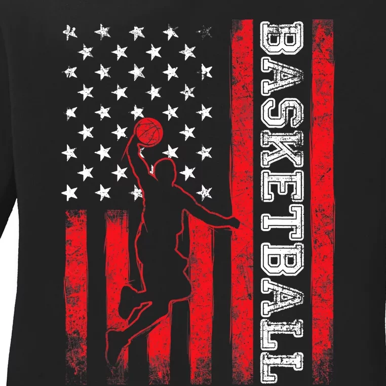 Basketball USA American Flag Sports Lover Athlete Ladies Long Sleeve Shirt