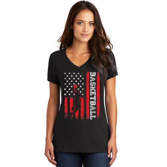 Basketball USA American Flag Sports Lover Athlete Women's V-Neck T-Shirt