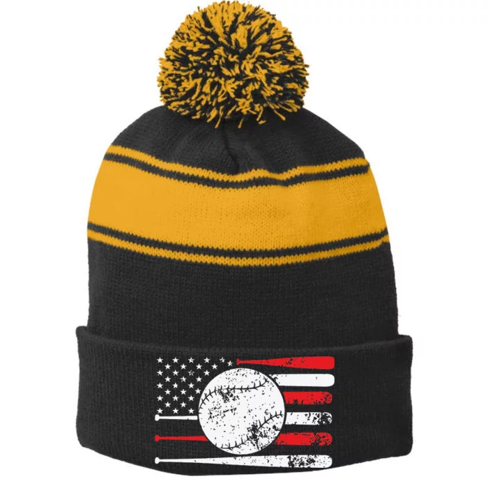 Baseball USA American Flag Vintage Retro Baseball Stripe Pom Pom Beanie