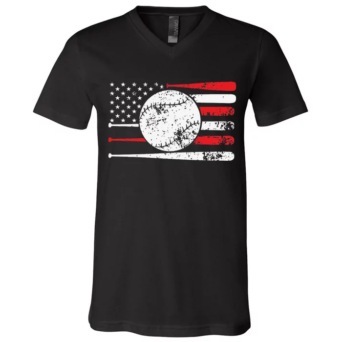 Baseball USA American Flag Vintage Retro Baseball V-Neck T-Shirt