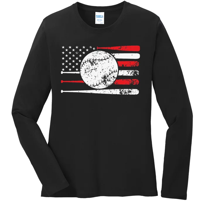 Baseball USA American Flag Vintage Retro Baseball Ladies Long Sleeve Shirt