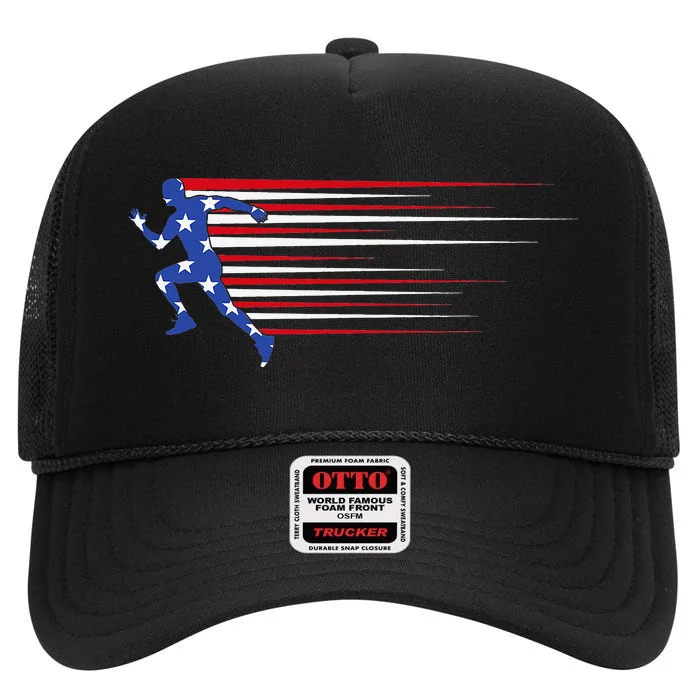 Best USA American Flag Track And Field Gift Team High Crown Mesh Trucker Hat