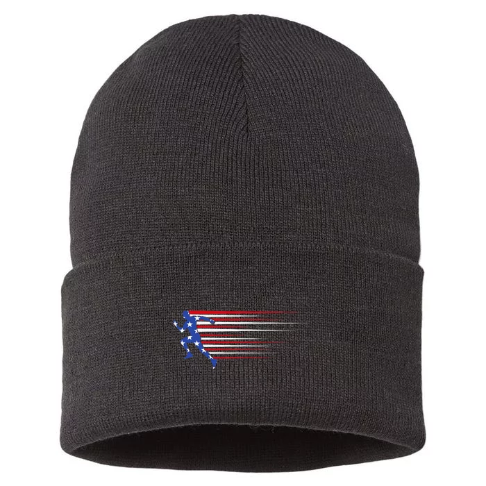 Best USA American Flag Track And Field Gift Team Sustainable Knit Beanie