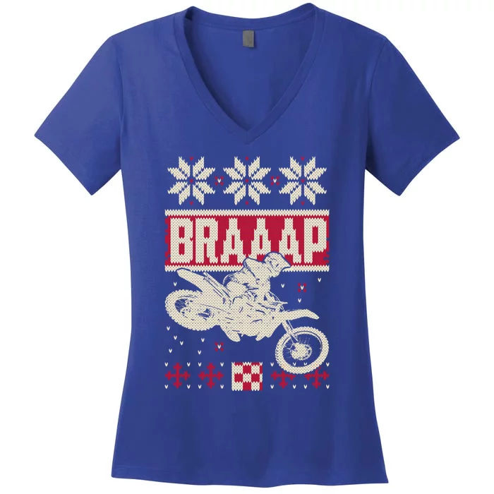 Braaap Ugly Christmas Funny Motocross Dirt Bike Gift Women's V-Neck T-Shirt