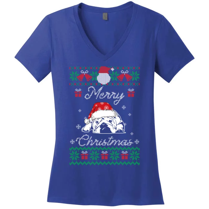 Bulldog Ugly Christmas Sweater Gift English Bulldog Lover Cute Gift Women's V-Neck T-Shirt