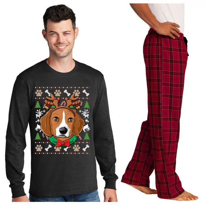 Beagle Ugly Christmas Reindeer Antlers Xmas Gift Long Sleeve Pajama Set