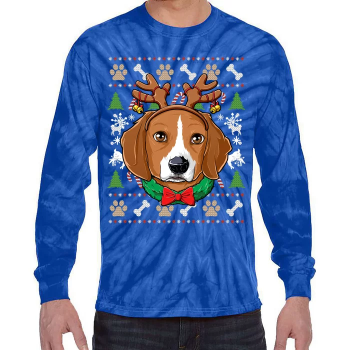 Beagle Ugly Christmas Reindeer Antlers Xmas Gift Tie-Dye Long Sleeve Shirt