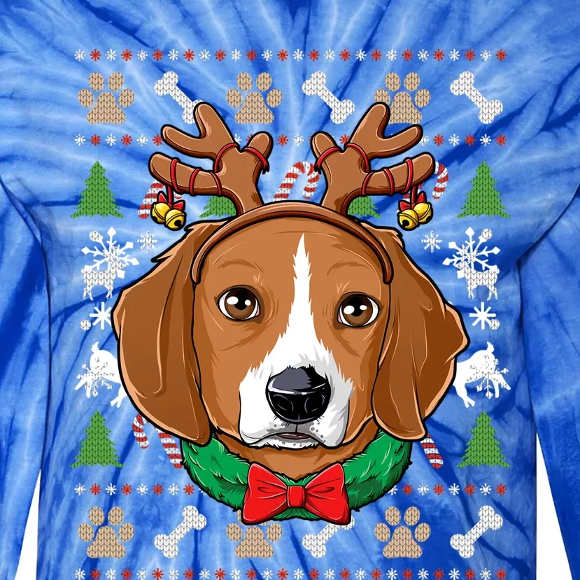 Beagle Ugly Christmas Reindeer Antlers Xmas Gift Tie-Dye Long Sleeve Shirt