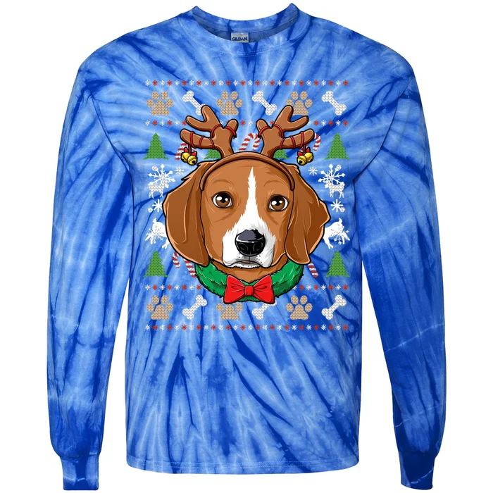 Beagle Ugly Christmas Reindeer Antlers Xmas Gift Tie-Dye Long Sleeve Shirt