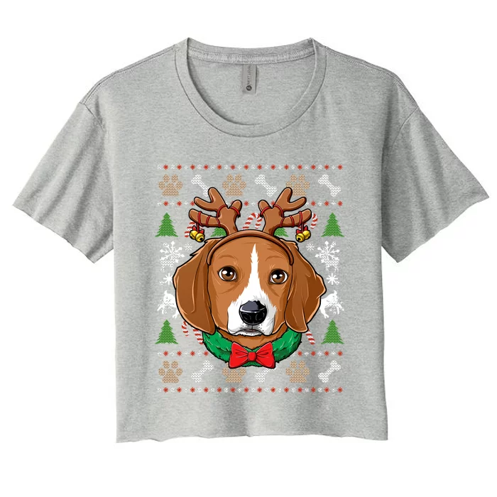 Beagle Ugly Christmas Reindeer Antlers Xmas Gift Women's Crop Top Tee