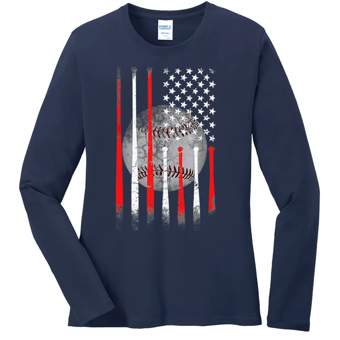 Baseball USA Flag American Flag Vintage For Dad Father's Day Ladies Long Sleeve Shirt