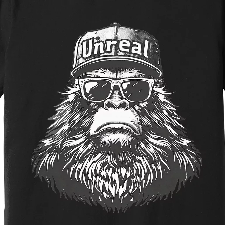 Bigfoot Unreal Funny Sasquatch Disguise Trucker Hat Shades Premium T-Shirt