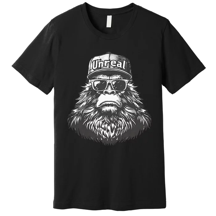 Bigfoot Unreal Funny Sasquatch Disguise Trucker Hat Shades Premium T-Shirt