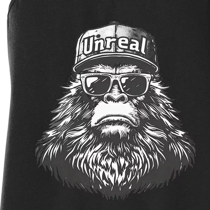 Bigfoot Unreal Funny Sasquatch Disguise Trucker Hat Shades Women's Racerback Tank