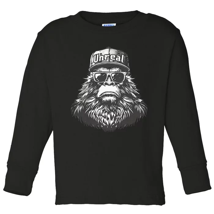 Bigfoot Unreal Funny Sasquatch Disguise Trucker Hat Shades Toddler Long Sleeve Shirt