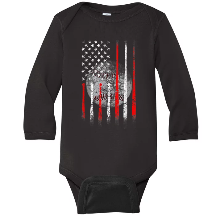 Baseball Usa Flag American Flag Patriotic 4th Of July Baby Long Sleeve Bodysuit