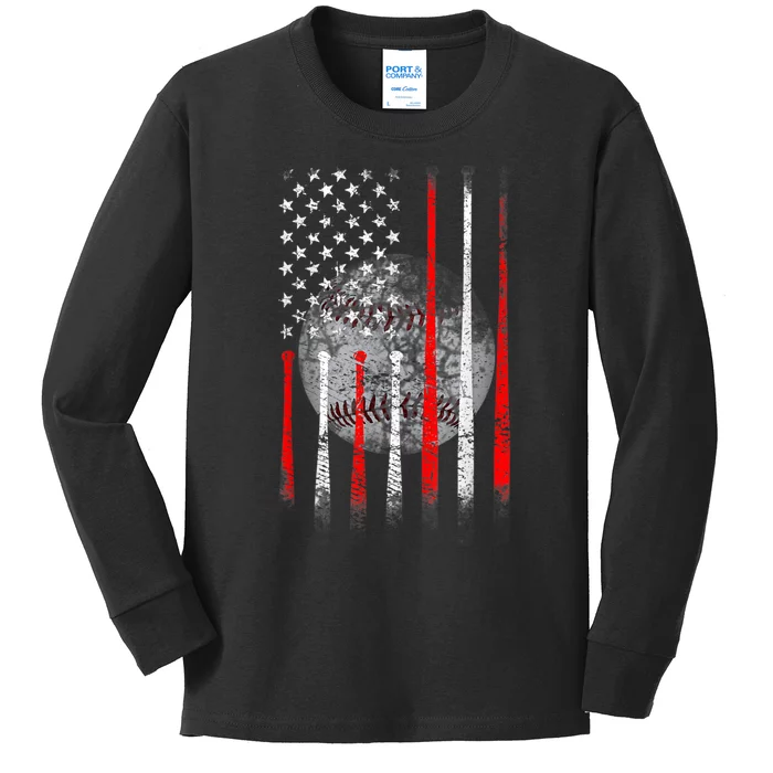 Baseball Usa Flag American Flag Patriotic 4th Of July Kids Long Sleeve Shirt