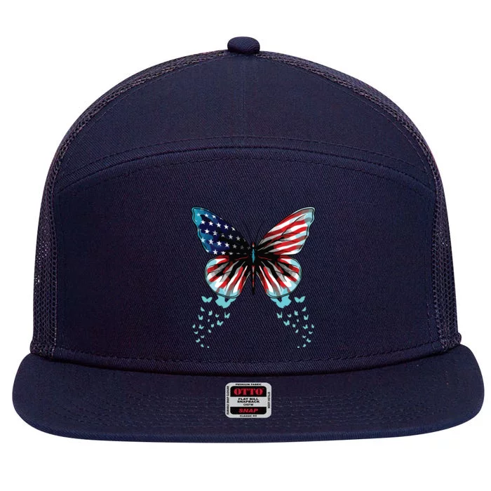 Butterfly USA Flag Cute 4th Of July Funny American 7 Panel Mesh Trucker Snapback Hat