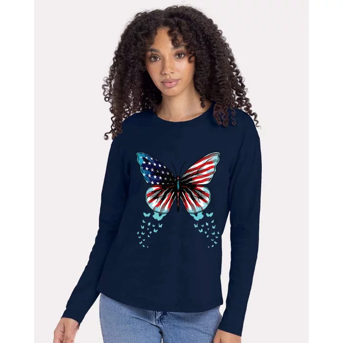 Butterfly USA Flag Cute 4th Of July Funny American Womens Cotton Relaxed Long Sleeve T-Shirt