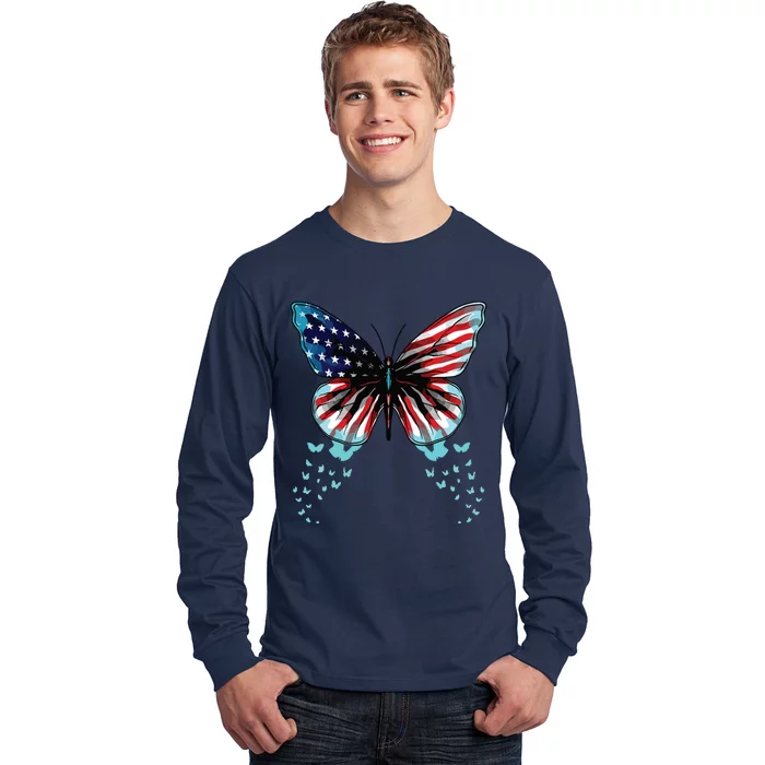 Butterfly USA Flag Cute 4th Of July Funny American Long Sleeve Shirt