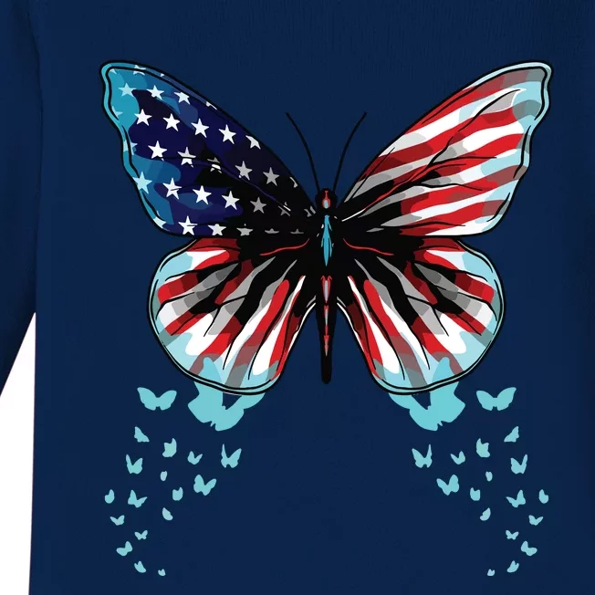 Butterfly USA Flag Cute 4th Of July Funny American Baby Long Sleeve Bodysuit