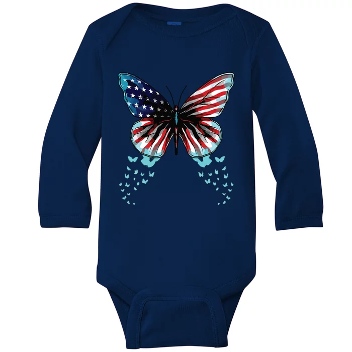 Butterfly USA Flag Cute 4th Of July Funny American Baby Long Sleeve Bodysuit