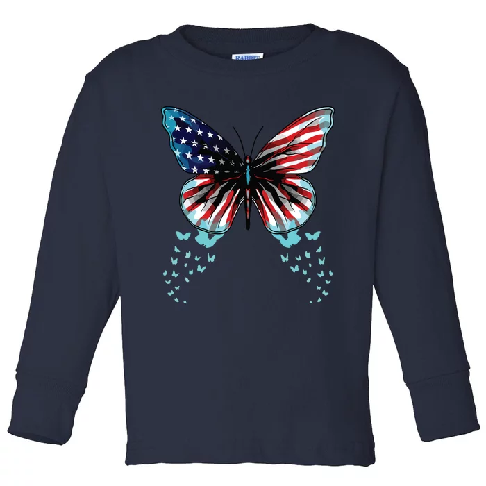 Butterfly USA Flag Cute 4th Of July Funny American Toddler Long Sleeve Shirt