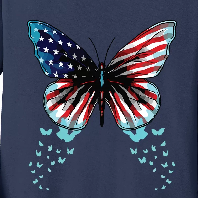 Butterfly USA Flag Cute 4th Of July Funny American Kids Long Sleeve Shirt