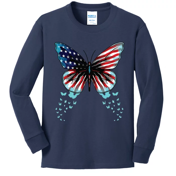 Butterfly USA Flag Cute 4th Of July Funny American Kids Long Sleeve Shirt