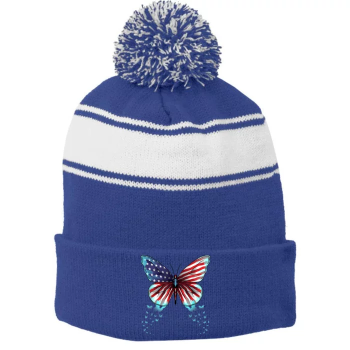 Butterfly Usa Flag Cute 4th Of July Funny American Gift Stripe Pom Pom Beanie