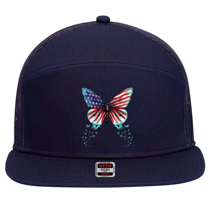 Butterfly Usa Flag Cute 4th Of July Funny American Gift 7 Panel Mesh Trucker Snapback Hat