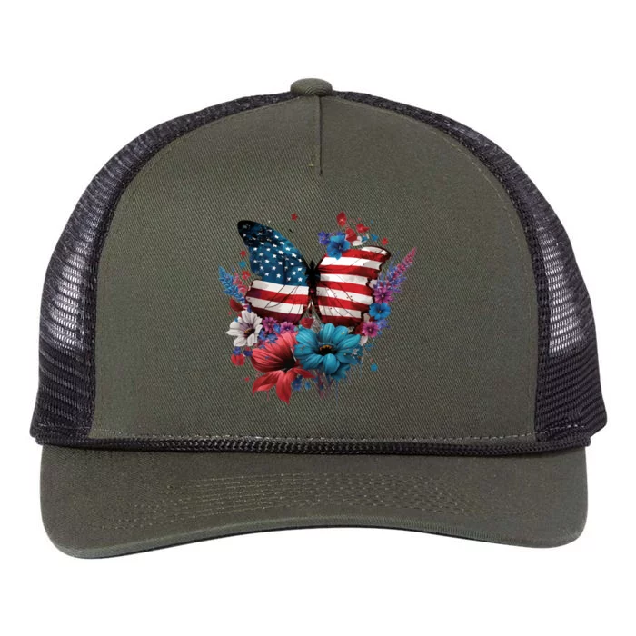 Butterfly Usa Flag Cute 4th July Butterfly Tee American Flag Funny Gift Retro Rope Trucker Hat Cap