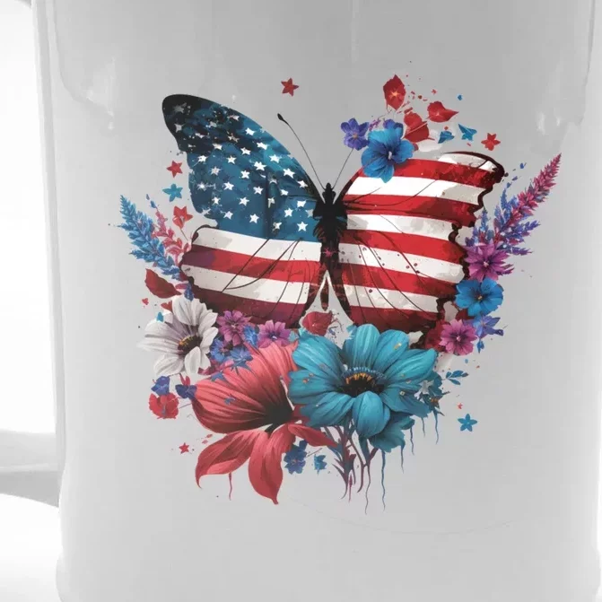 Butterfly Usa Flag Cute 4th July Butterfly Tee American Flag Funny Gift Front & Back Beer Stein