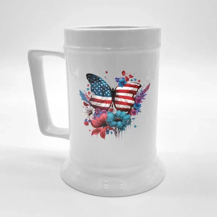 Butterfly Usa Flag Cute 4th July Butterfly Tee American Flag Funny Gift Front & Back Beer Stein