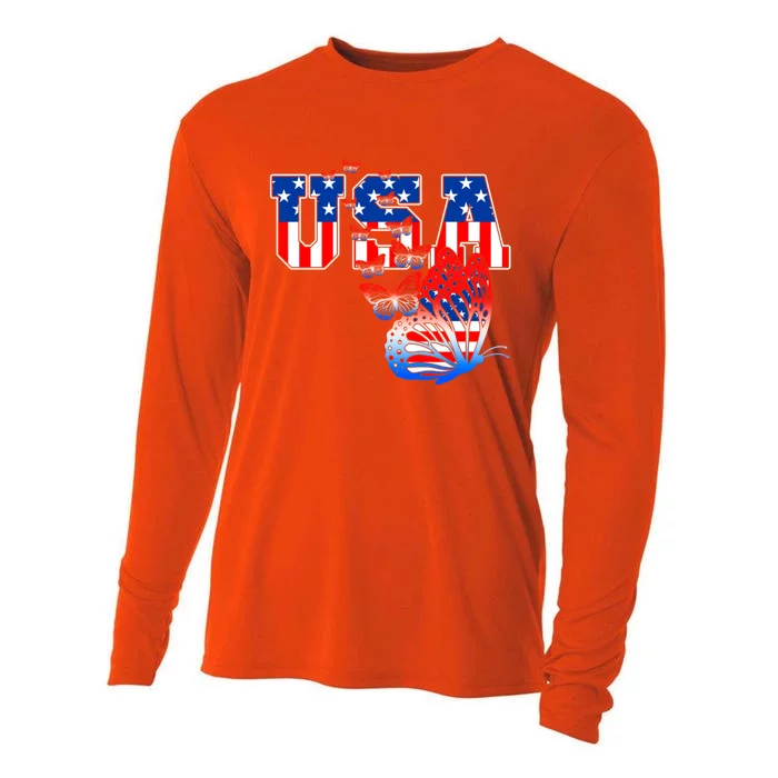 Butterfly Usa Flag Funny 4th Of July Daughter Mom Meaningful Gift Cooling Performance Long Sleeve Crew