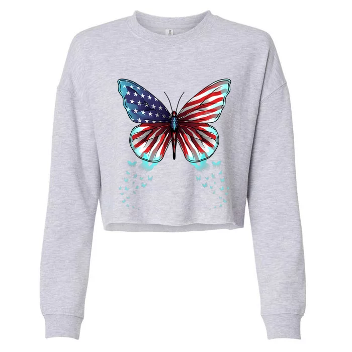 Butterfly Usa Flag Cute 4th Of July Funny American Gift Cropped Pullover Crew