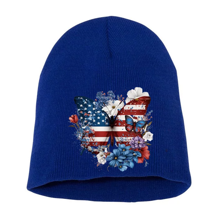 Butterfly Usa Flag Retro Daisy Flowers 4th Of July Patriotic Gift Short Acrylic Beanie