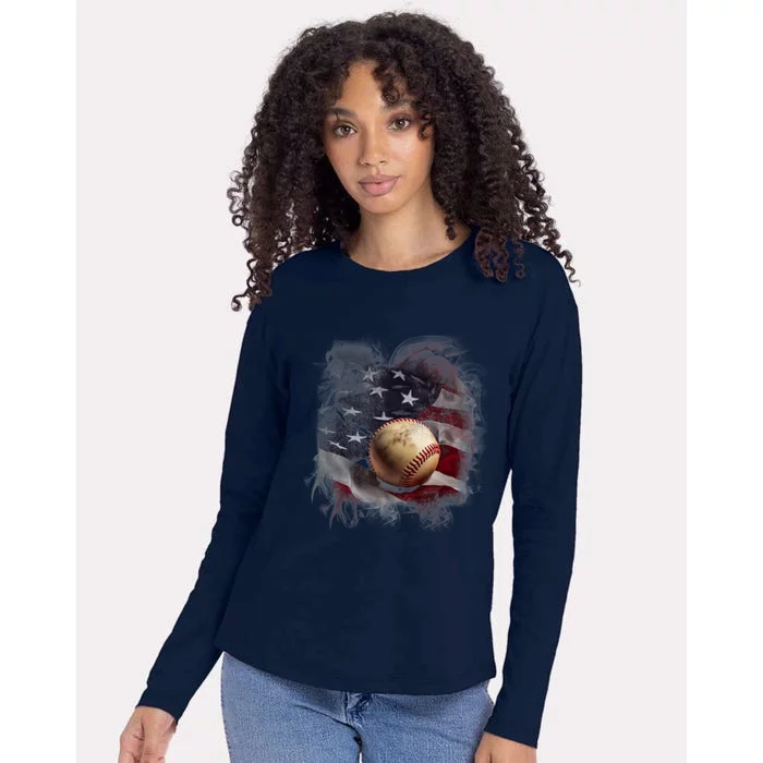 Baseball Usa Flag Womens Cotton Relaxed Long Sleeve T-Shirt